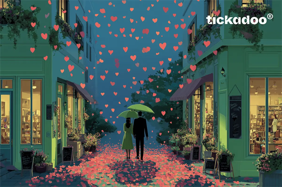 Anniversary gift card showing a couple beneath a shower of hearts