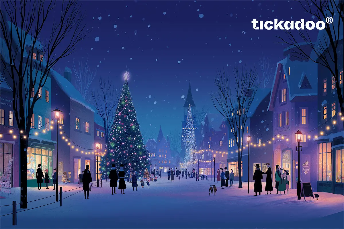 Christmas gift card with a snowy illuminated street and Christmas tree