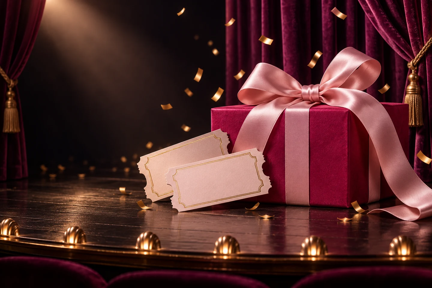 Theatre gift illustration with velvet curtains and a ribbon-wrapped present