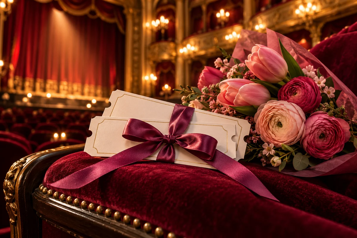Ribbon-wrapped theatre tickets and pink flowers on a velvet theatre seat for Mother’s Day